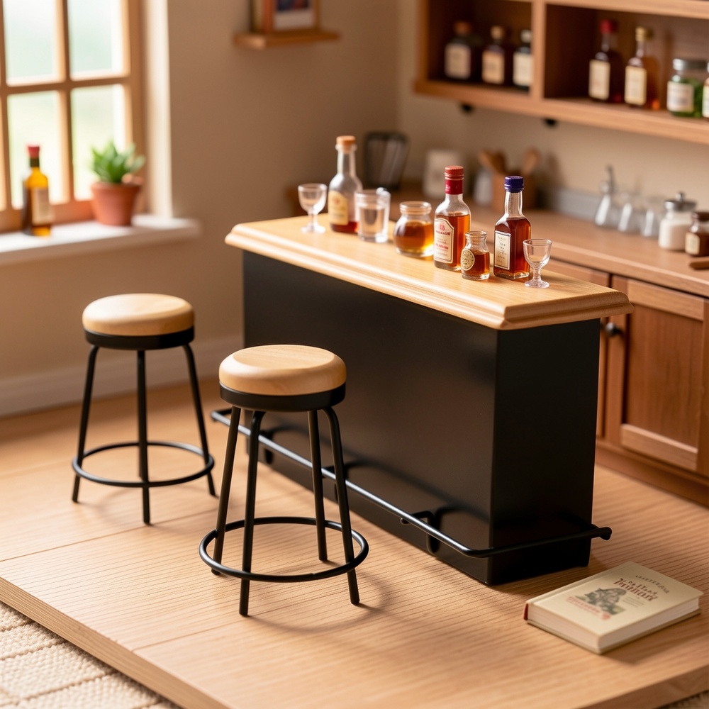 Home Bar Setup - مجموعة طاولة بار صغيرة لبيت الدمى